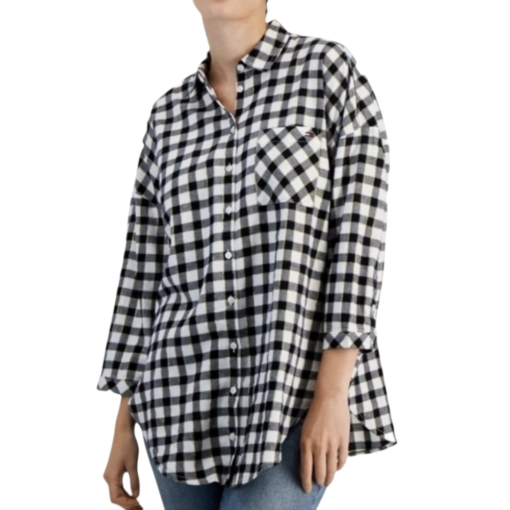 Tommy Hilfiger Black White Gold 3/4 Sleeve Button Down Shirt  top Size XL *
